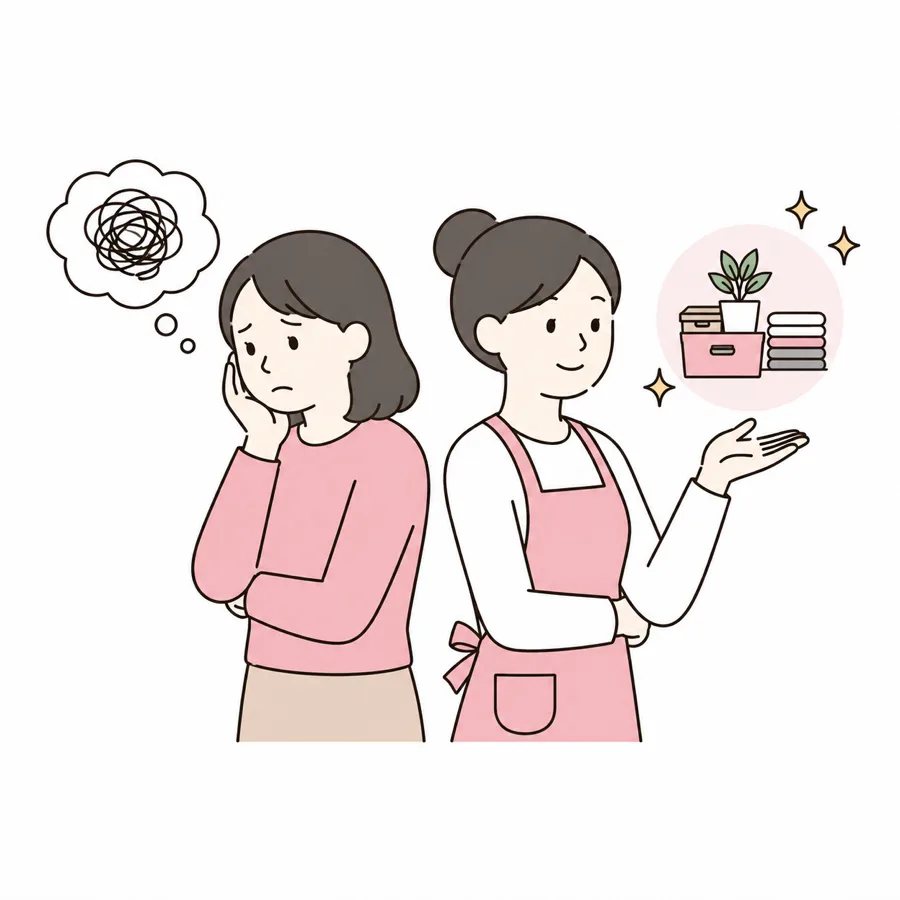整理師呈現專業服務與收納成果的插畫